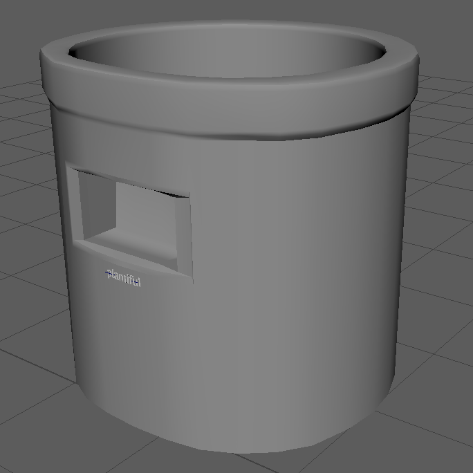 3D model of a plant pot with a flattened side and an opening for a display