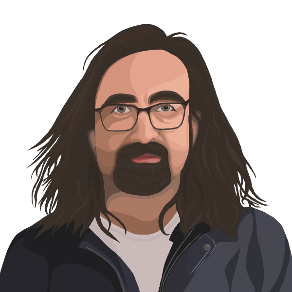 Stylized digital drawing of a man with long hair and glasses
