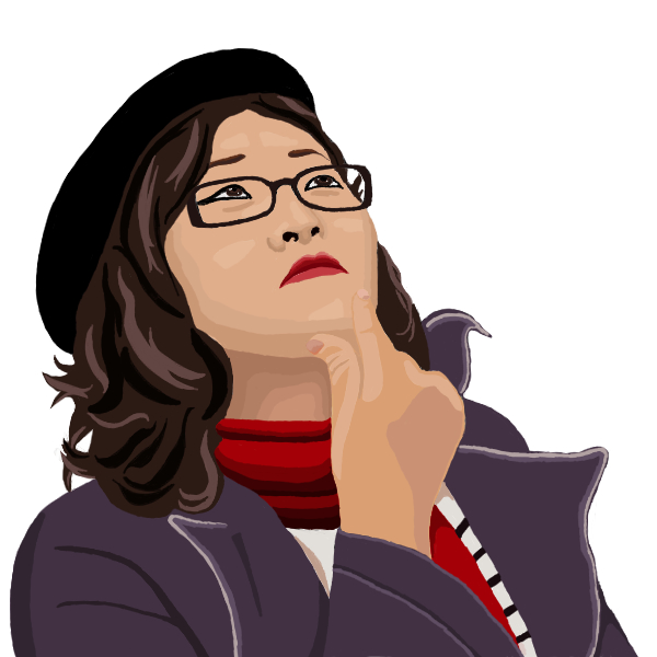 Stylized digital drawing of woman wearing a hat and glasses and looking upwards
