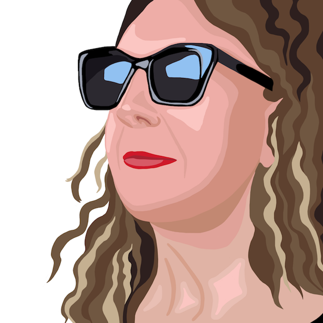 Stylized digital drawing of a woman with curly hair wearing sunglasses