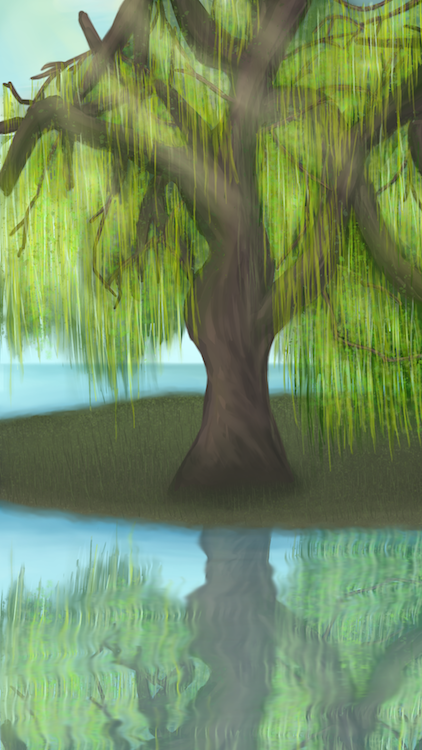 Digital drawing of a weeping willow reflected into water
