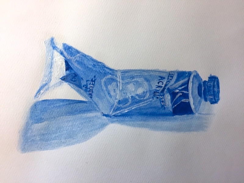 Painting of a blue paint tube