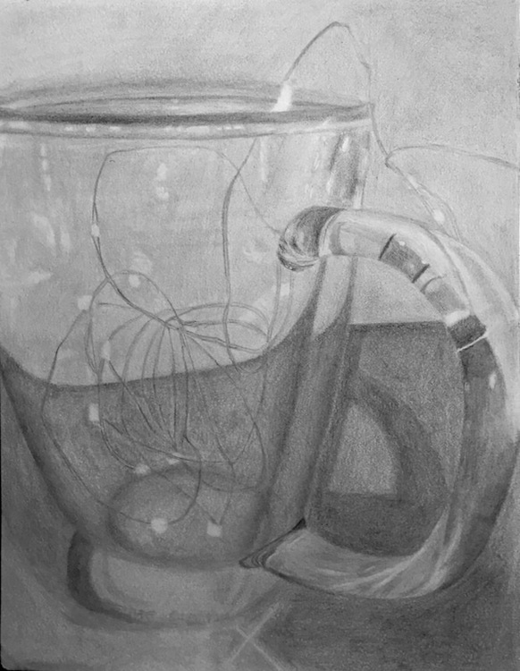 Pencil drawing of a clear mug filled with string lights