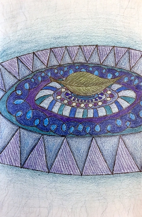 Colored pencil drawing of a leaf surrounded by abstract patterns