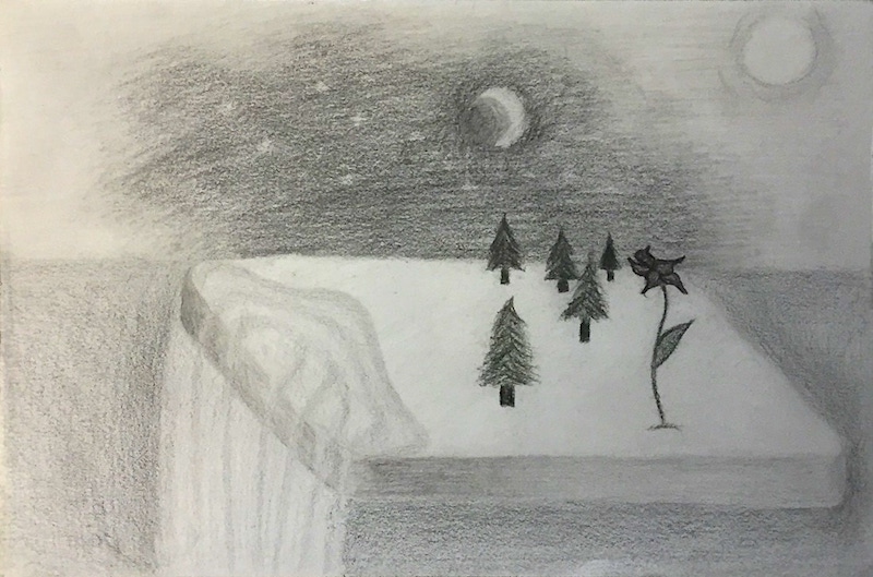 Colored pencil drawing of a surreal scene