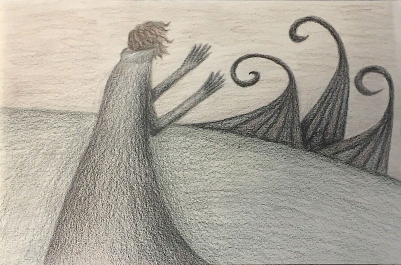 Colored pencil drawing of a cloaked figure raising waves